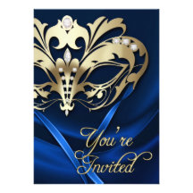 Goldmaskerade-Blau Jeweled Party Einladung
