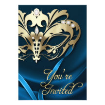 Goldmaskerade-Blau Jeweled Party Einladung