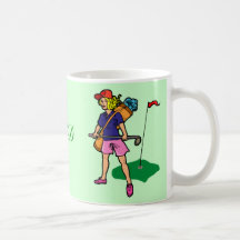 Golfdamengolfspieler mit Monogrammbecher Kaffee Haferl