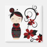 Gotischer Kokeshi und Blumen-Magnet Magnete