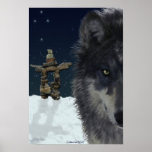 Grauer Wolf, arktisches Inukshuk u. Stern-Kunst-Pl Posterdrucke