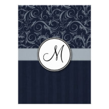 Grey and Navy Floral Wisps & Stripes with Monogram Invite