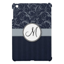 Grey and Navy Floral Wisps & Stripes with Monogram iPad Mini Cover