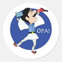 Grieche Evzone Tanzen mit Flagge OPA! Runder Sticker