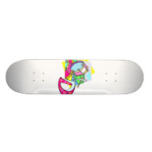 Große Trommel und grafisches buntes Bild des Buchs Skateboard Bretter