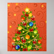 Grüner Weihnachtsbaum mit Dekorationen Poster