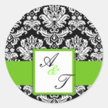 Grünes Hochzeits-Monogramm-Damast-Siegel Aufkleber