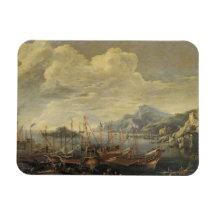 Hafen mit Leuchtturm und Schiffen (Öl auf Leinwand Eckiger Magnet