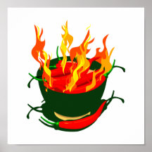 Heiße Paprikaschoten in den grünen Schalenflammen Posterdrucke
