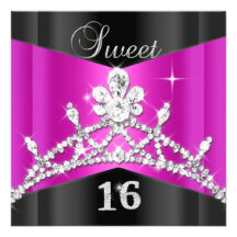 Heißes Rosa-Schwarz-SilberTiara 16. Geburtstag 16 Individuelle Einladungskarten