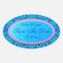 Heller blauer Damast "Save the Date " Ovale Aufkleber