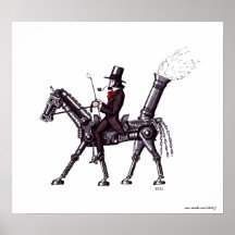 Herr auf mechanisches Pferdeschwarzweiss-Kunst Plakate