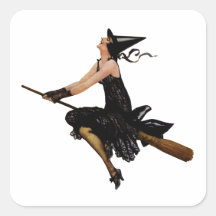 Hexe geht, auf einen Broomstick zu fliegen Quadratsticker