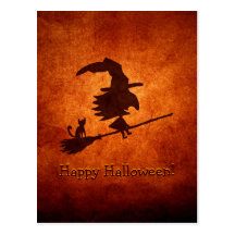 Hexe-und Katzen-Silhouette-Fliegen auf Broomstick Postkarten