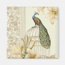 Hoch entwickelter Vintager Pfau u. Käfig-Lilie Kühlschrankmagnet