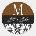 Hochzeits-Monogramm nennt Damast-Brown-Siegel Runde Sticker