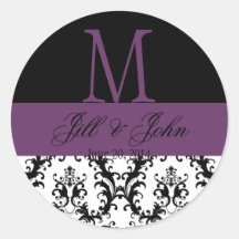 Hochzeits-Monogramm nennt das lila Datums-Damast-S Sticker