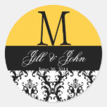 Hochzeits-Monogramm nennt Datums-Damast-Gelb-Siege Runde Sticker
