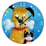 Hund mit dem Knochen und Katze - Wanduhr