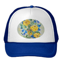 Hut-gelbe Rosen und blaue Glocken Kultcaps