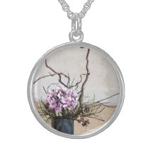 Hydrangea-und Holz-Vasen-Aquarell Sterlingsilber Halsketten