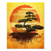 Japanischer Bonsais-Baum-Sonnenuntergang Kunstfoto