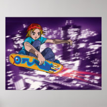 Junge, der über einer futuristischen Stadt - Plaka Plakatdrucke