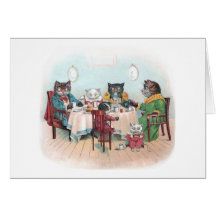 Katzen-Familie sitzt sich hin, um zu frühstücken Grußkarten