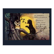 Katzen-warnende Eulen-Vintage Halloween-Postkarte