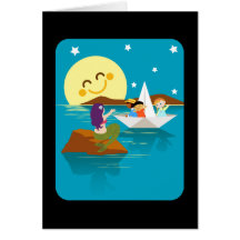 Kinder auf einem Papierboot, das zu einer Meerjung Karte