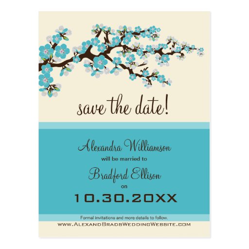 Kirschblüten-Save the Date Postkarte (Aqua)