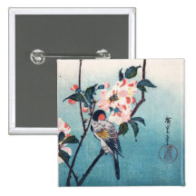 Kleiner Vogel auf Kirschblüte-Niederlassung 桜の枝にとま Anstecknadelbutton