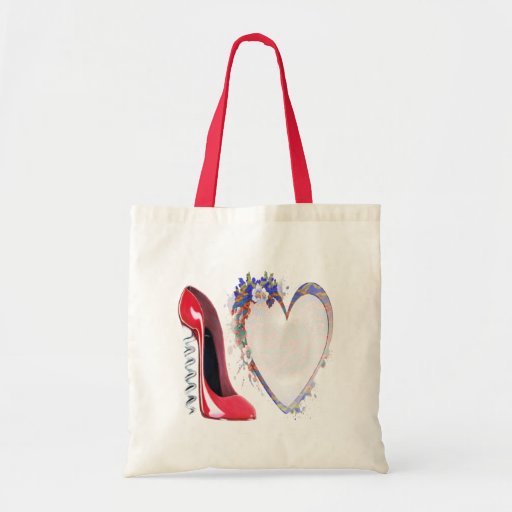Korkenzieher-roter Stilett-Schuh und Blumenherz Einkaufstaschen