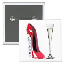 Korkenzieher-Stilett-Schuh und Sektkelch-Glas Anstecknadel