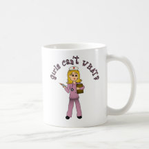 Krankenschwester im Rosa scheuert sich (Blondine) Kaffee Haferl