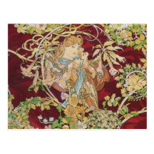 Kunst Nouveau Postkarte: Mucha - Frau mit Gänseblü