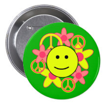 Lächeln-Gesicht mit Friedenszeichen und -Blumen Buttons