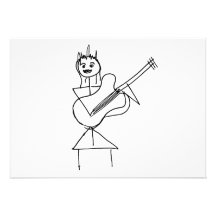 Lächelndes Strichmännchen-Mädchen, das Baß/Gitarre Personalisierte Einladungen