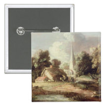Landschaft mit einer Kirche, Hütte, Dorfbewohner u Anstecknadel