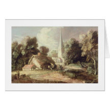 Landschaft mit einer Kirche, Hütte, Dorfbewohner u Karten