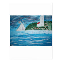 Leuchtturm und Boot auf den stürmischen Meeren Postkarten