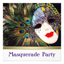 Lila Goldpfau-Feder-Masken-Maskerade-Party Ankündigung
