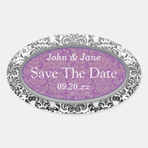 Lila u. schwarzer Damast "Save the Date " Ovale Aufkleber