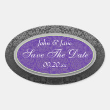 Lila u. schwarzer Damast "Save the Date " Ovaler Aufkleber
