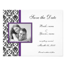Lila und schwarze Damast-Save the Date Foto-Karten Personalisierte Einladung