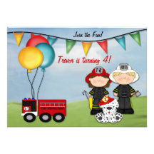 Löschfahrzeug und kleiner Feuerwehrmann-Geburtstag Einladungskarten
