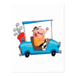 lustiger Golfspieler im Golfmobil postkarten