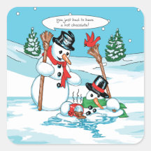 Lustiger Snowman mit heiße Schokoladen-Cartoon Quadratsticker
