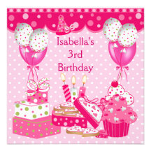 Mädchen-3. Geburtstags-Party-rosa Stellen-Kuchen 3 Individuelle Einladungskarte