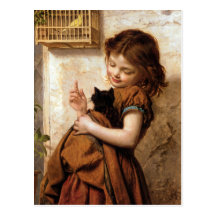 Mädchen, Kitty-Katze u. Vogel - Vintage Malerei Postkarten